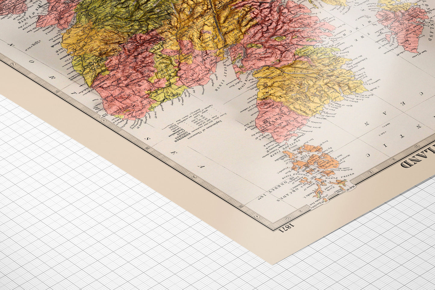 Scotland Topographic Map Print - 2D Giclée Print - Vintage - 1871 - Retro - Geological Map - 3D shaded effect relief Print - Elevation Map