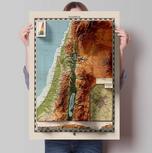 Palestine Map  - Topographic Shaded Elevation Relief Map - Vintage Style  - 2D Giclée Print -  Palestine, Israel, biblical Map, Bible Study