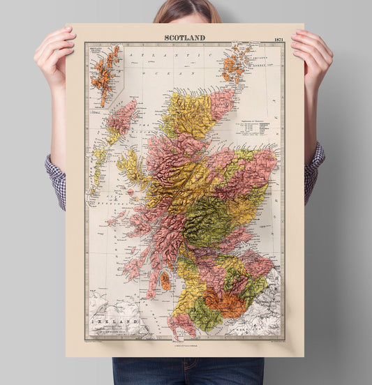 Scotland Topographic Map Print - 2D Giclée Print - Vintage - 1871 - Retro - Geological Map - 3D shaded effect relief Print - Elevation Map