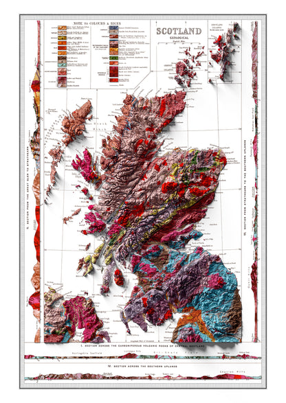 Scotland Map - Geological Print - Vintage - 1912 - Geology - 3D shaded effect relief Poster - Elevation Map - Scottish Art - 2D Giclée Art