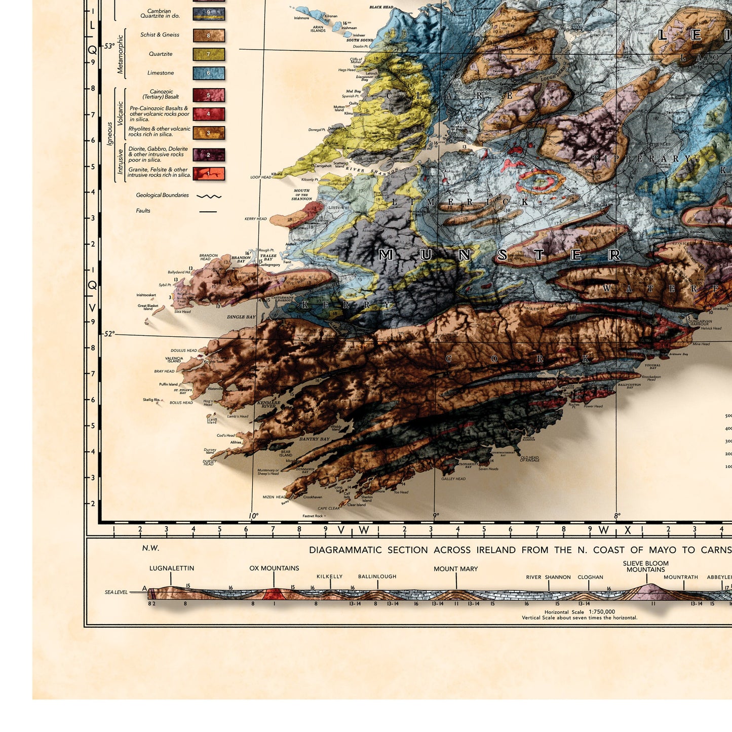 Ireland Map - Vintage Ireland Topo Map -  3D effect Geological relief Print, Dublin, Limerick, Ulster, Connaught, Munster,Leinster