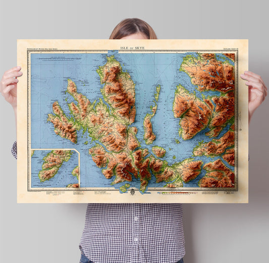 Skye Map - Isle of Skye - 2D Giclée Vintage 3D effect shaded relief Print - Elevation Poster - Map Art - Vintage Style - Portree - Dunvegan