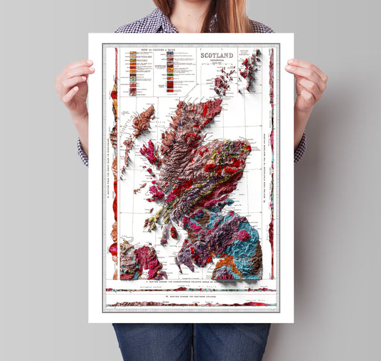 Scotland Map - Geological Print - Vintage - 1912 - Geology - 3D shaded effect relief Poster - Elevation Map - Scottish Art - 2D Giclée Art