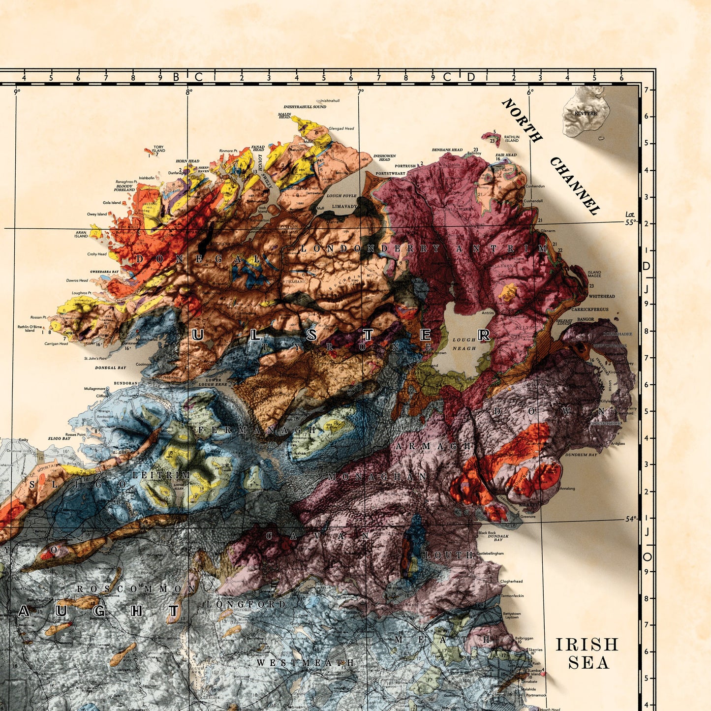 Ireland Map - Vintage Ireland Topo Map -  3D effect Geological relief Print, Dublin, Limerick, Ulster, Connaught, Munster,Leinster