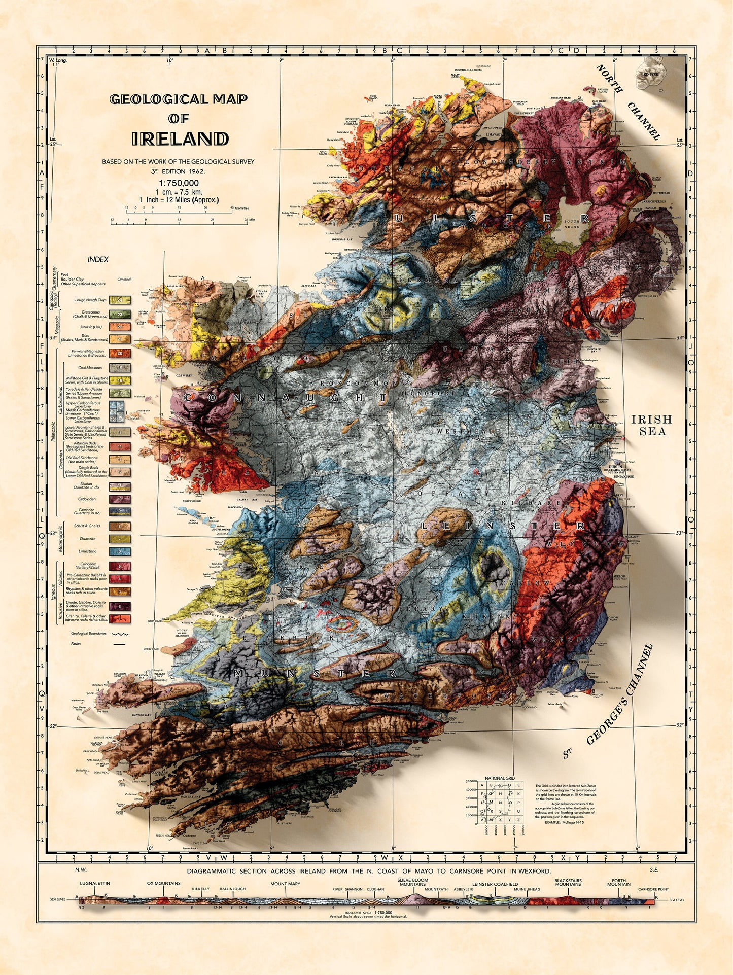 Ireland Map - Vintage Ireland Topo Map -  3D effect Geological relief Print, Dublin, Limerick, Ulster, Connaught, Munster,Leinster