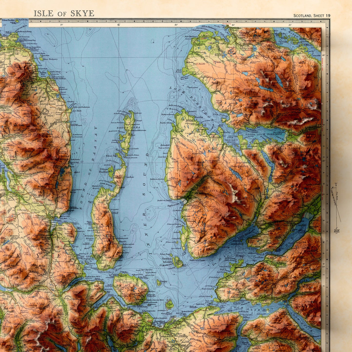 Skye Map - Isle of Skye - 2D Giclée Vintage 3D effect shaded relief Print - Elevation Poster - Map Art - Vintage Style - Portree - Dunvegan